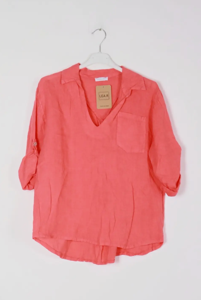 Positano Linen Roll-Tab Blouse,