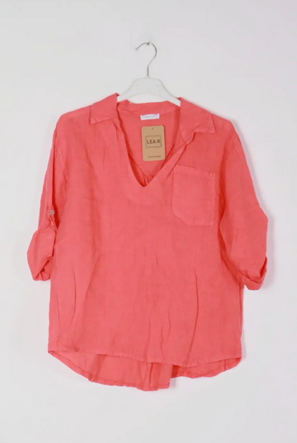 Positano Linen Roll-Tab Blouse,