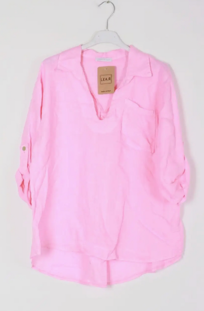 Positano Linen Roll-Tab Blouse,
