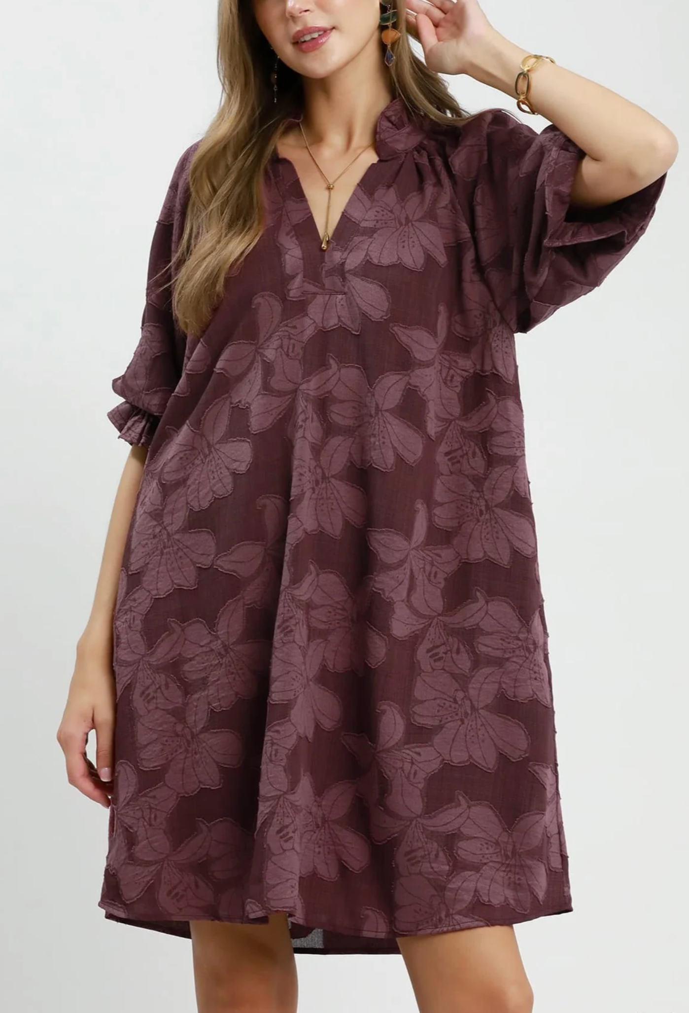 Floral Textured Jacquard V-Neck Dress / 2 colors