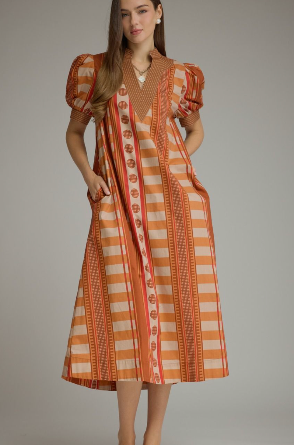 Printed Cinnamon V-Neck Midi Dress
