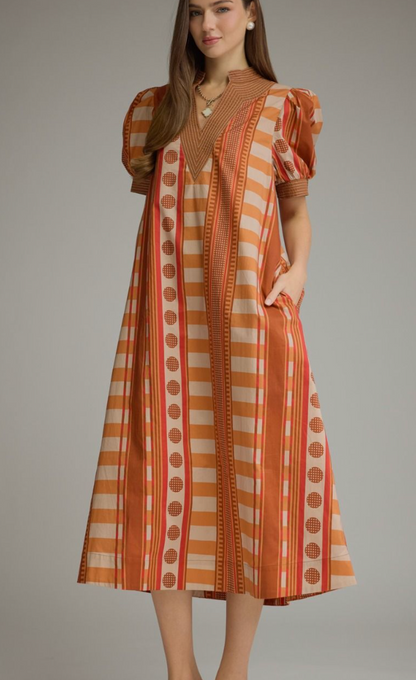 Printed Cinnamon V-Neck Midi Dress