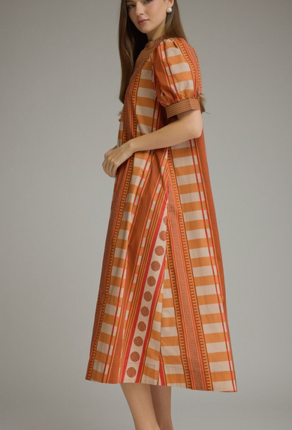 Printed Cinnamon V-Neck Midi Dress