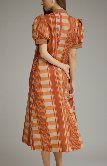 Printed Cinnamon V-Neck Midi Dress