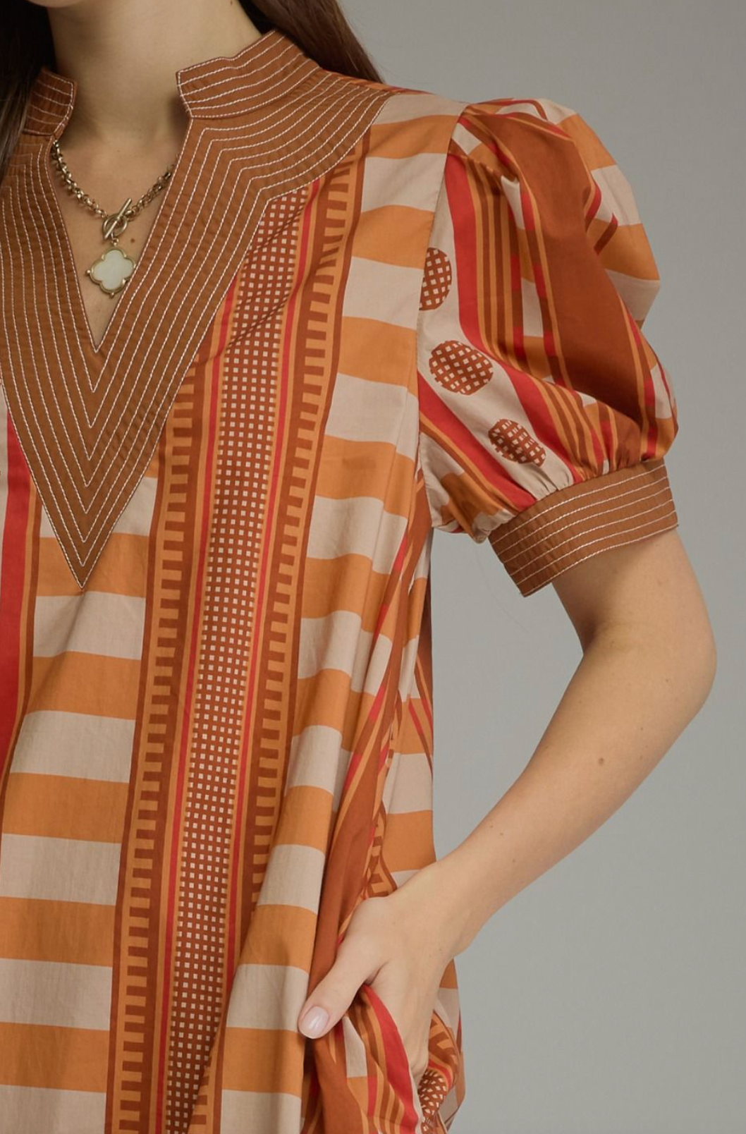 Printed Cinnamon V-Neck Midi Dress