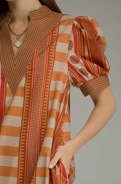 Printed Cinnamon V-Neck Midi Dress