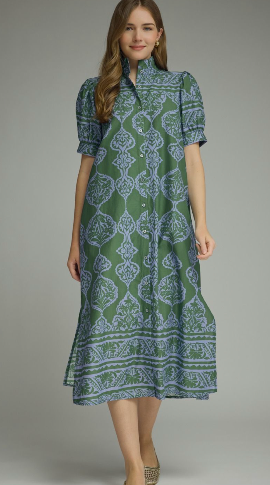 Ornamental Print Puff Sleeve Midi Dress