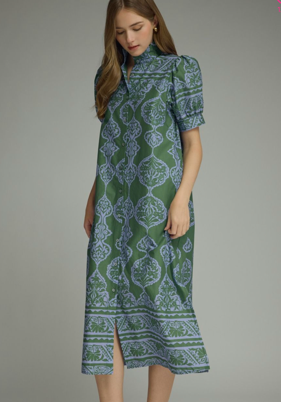Ornamental Print Puff Sleeve Midi Dress