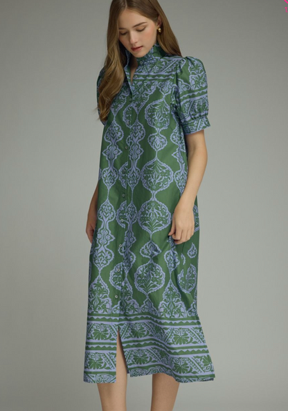 Ornamental Print Puff Sleeve Midi Dress
