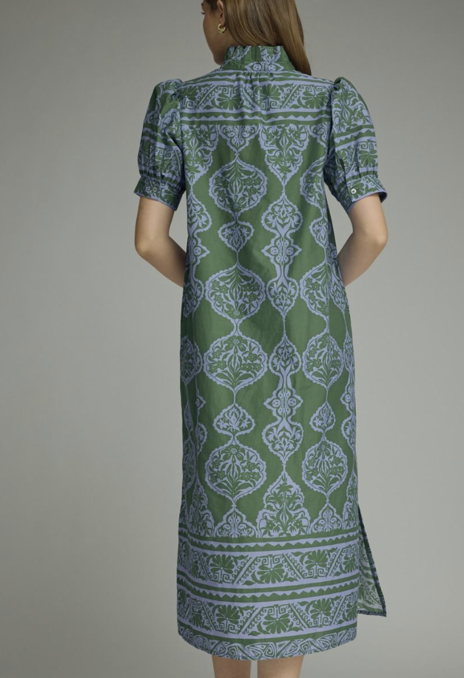 Ornamental Print Puff Sleeve Midi Dress