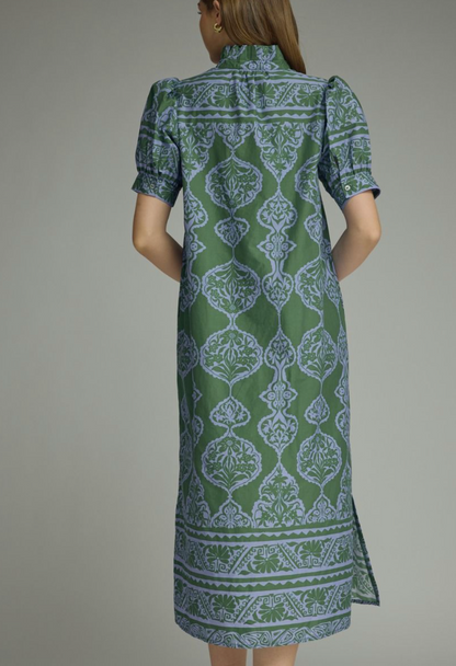 Ornamental Print Puff Sleeve Midi Dress