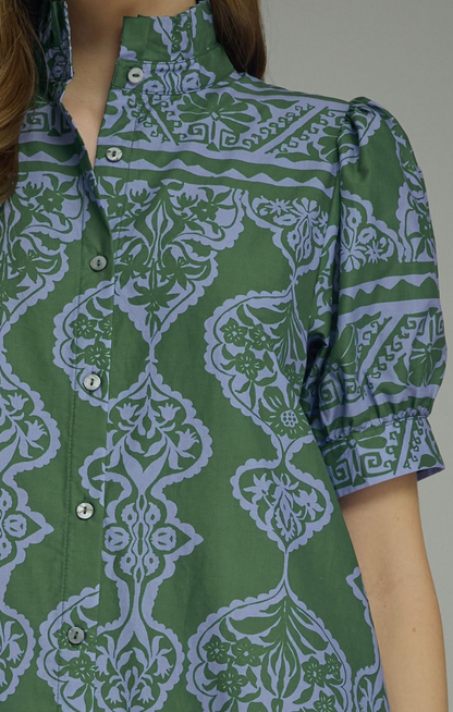 Ornamental Print Puff Sleeve Midi Dress