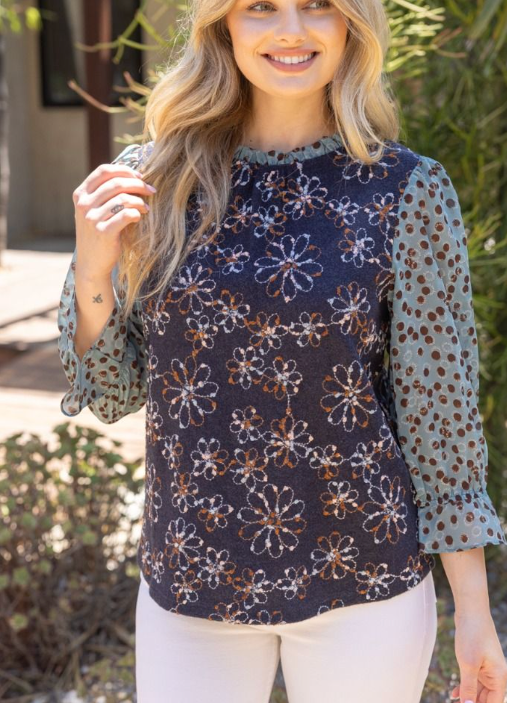 Floral Embroidered Polka Dot Contrast Sleeve Top