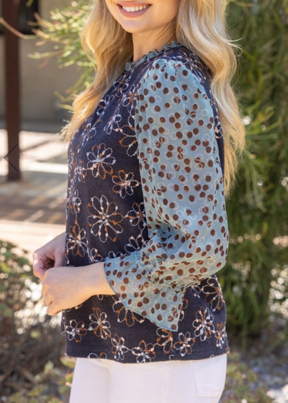 Floral Embroidered Polka Dot Contrast Sleeve Top
