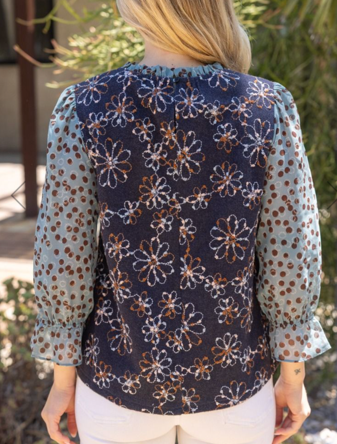 Floral Embroidered Polka Dot Contrast Sleeve Top