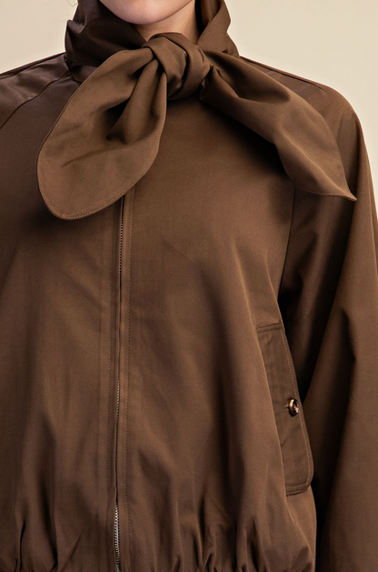 Scarf Collar Brown Front Zip Jacket