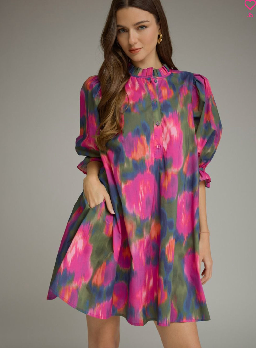 ENTRO Watercolor Print Puff Sleeve Mini Dress