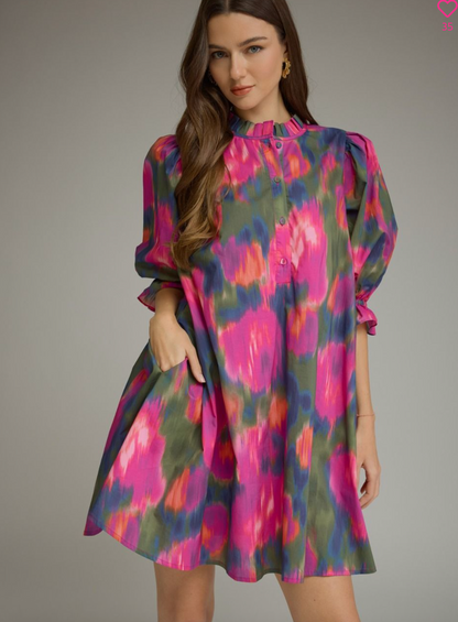 ENTRO Watercolor Print Puff Sleeve Mini Dress