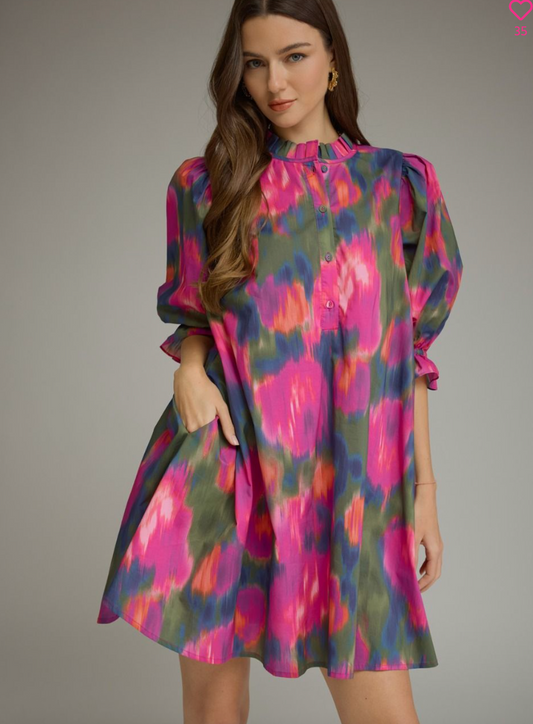 ENTRO Watercolor Print Puff Sleeve Mini Dress