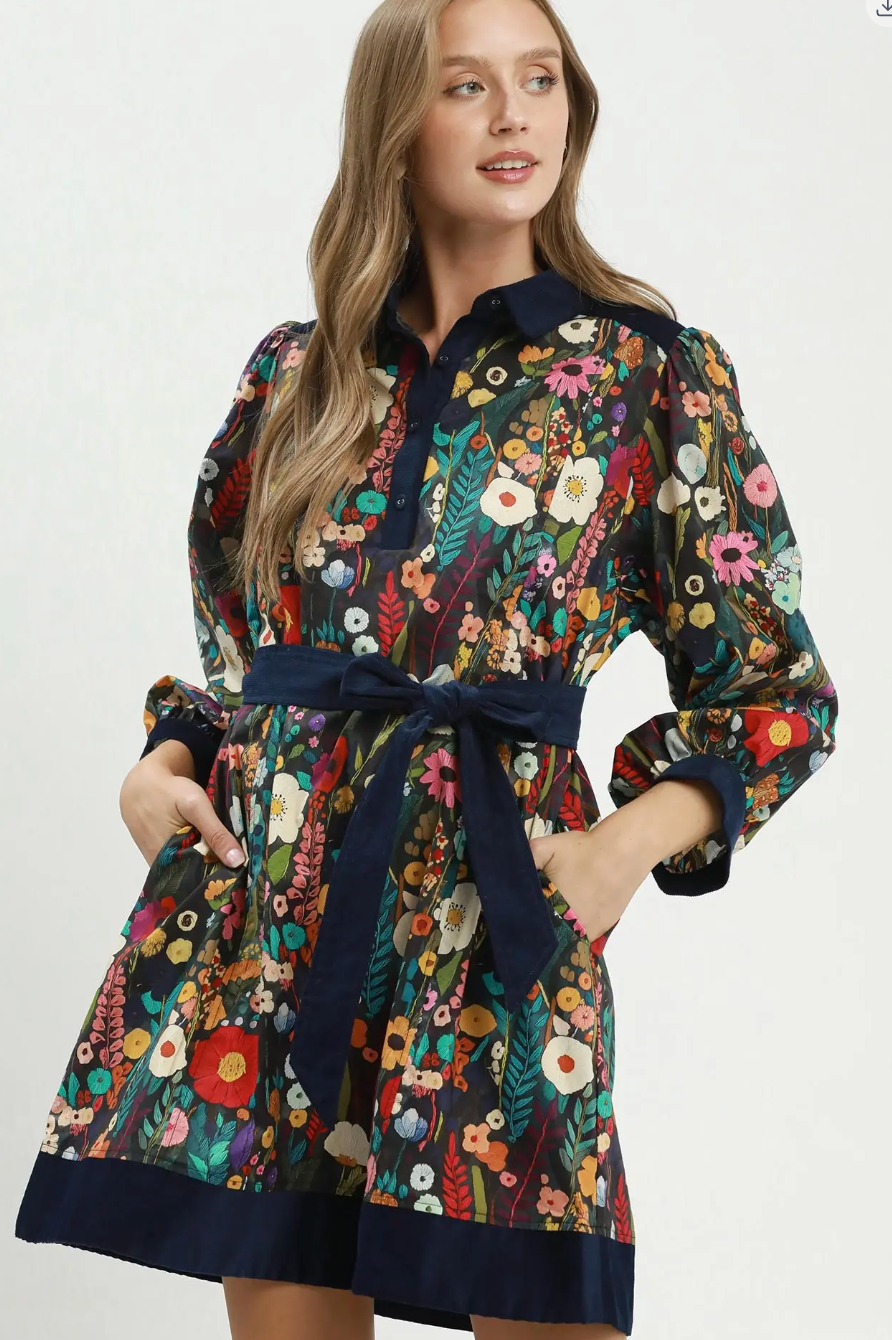 Umgee Floral Print Belted Mini Dress