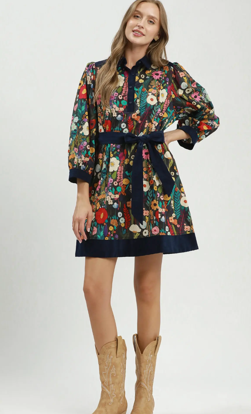 Umgee Floral Print Belted Mini Dress