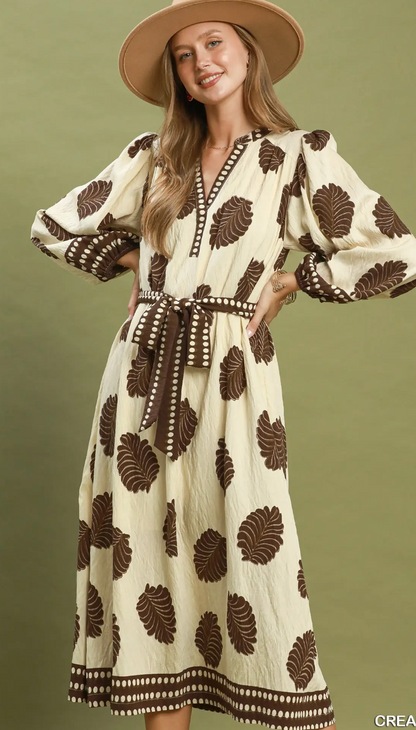 Umgee Mix Leaf Print Belted Midi Dress