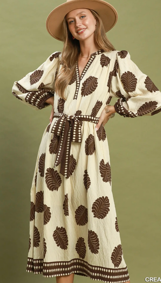 Umgee Mix Leaf Print Belted Midi Dress