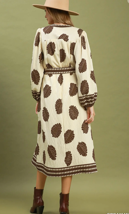 Umgee Mix Leaf Print Belted Midi Dress