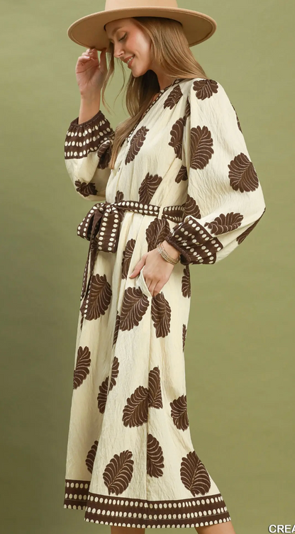 Umgee Mix Leaf Print Belted Midi Dress