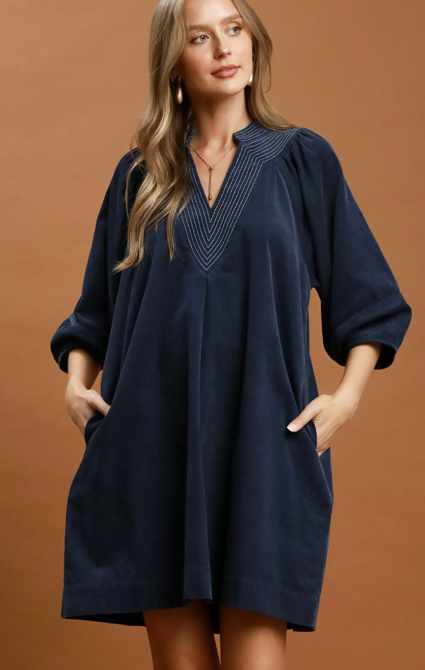 Umgee Navy Corduroy V-Neck Shift Dress