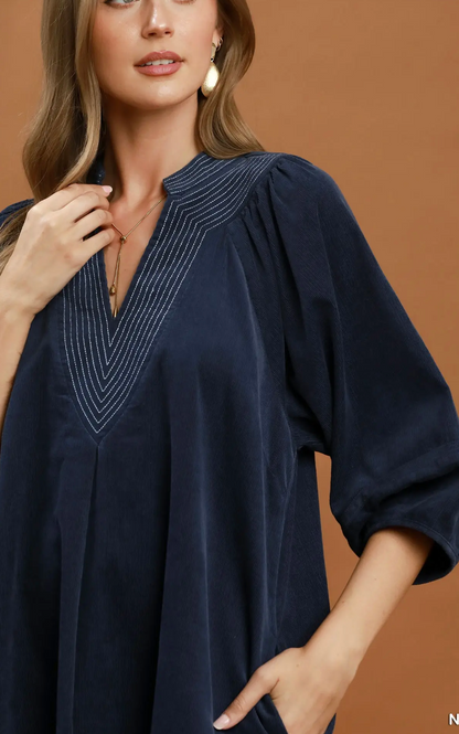 Umgee Navy Corduroy V-Neck Shift Dress