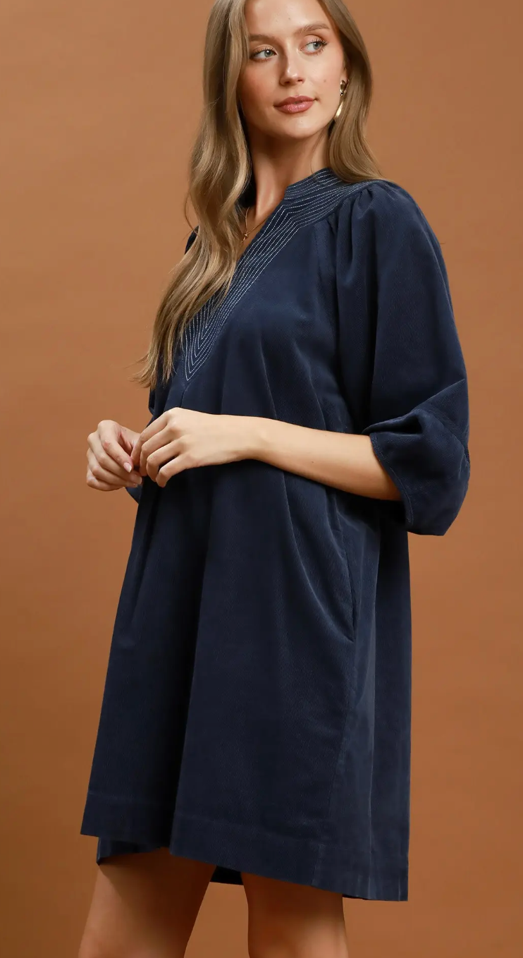 Umgee Navy Corduroy V-Neck Shift Dress