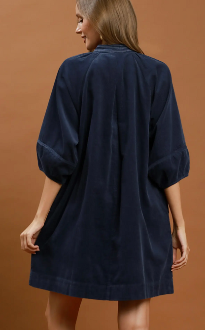 Umgee Navy Corduroy V-Neck Shift Dress