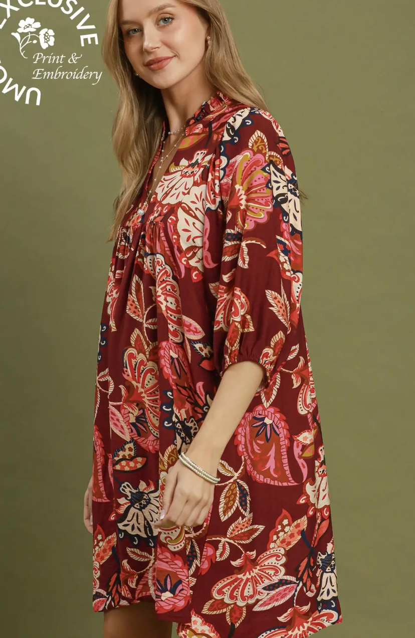 Abstract Print Puff Sleeve Babydoll Dress