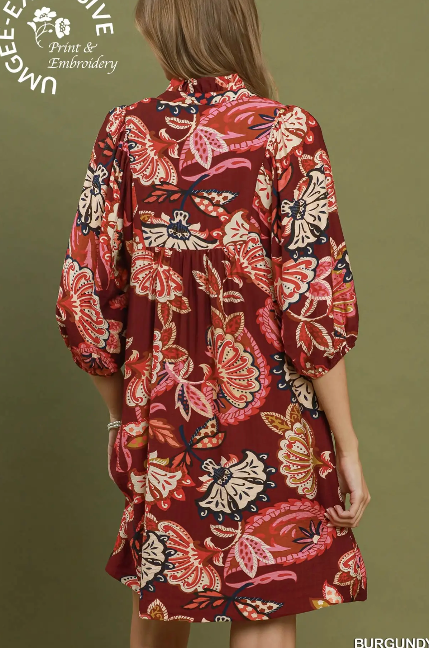 Abstract Print Puff Sleeve Babydoll Dress
