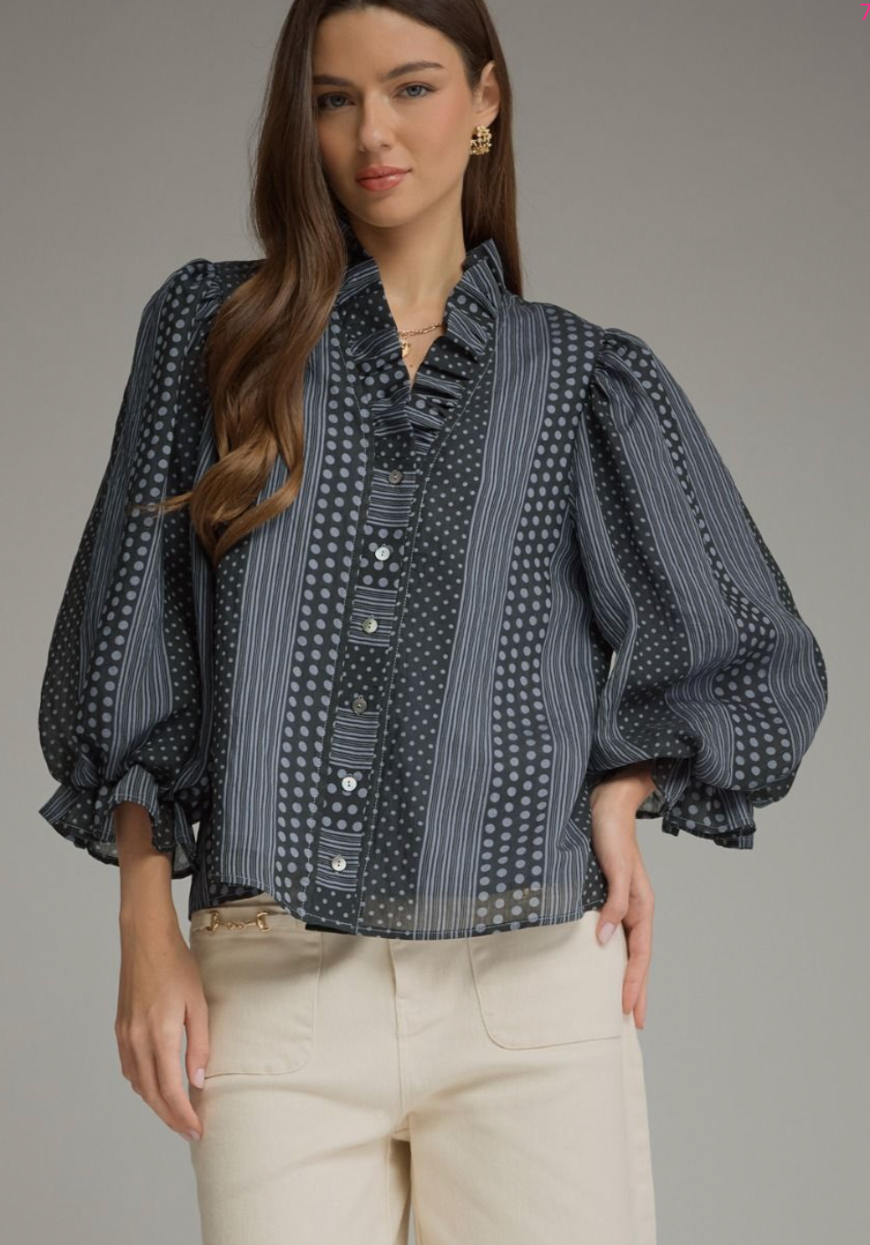 Entro Polka Dot Stripe Ruffle V-Neck Top