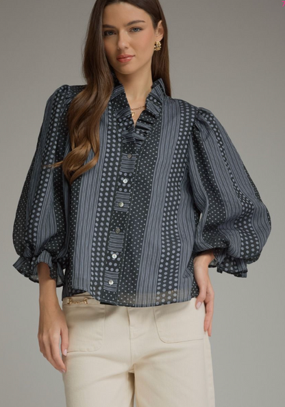 Entro Polka Dot Stripe Ruffle V-Neck Top