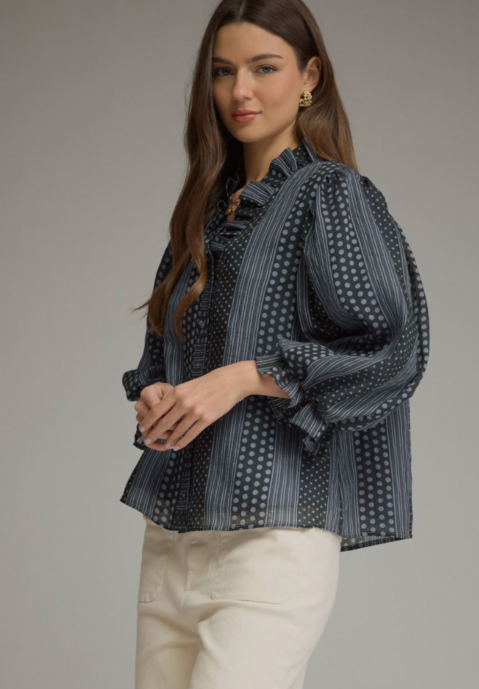 Entro Polka Dot Stripe Ruffle V-Neck Top