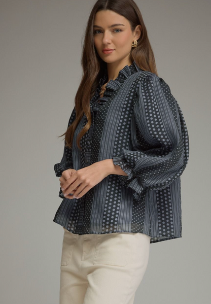 Entro Polka Dot Stripe Ruffle V-Neck Top