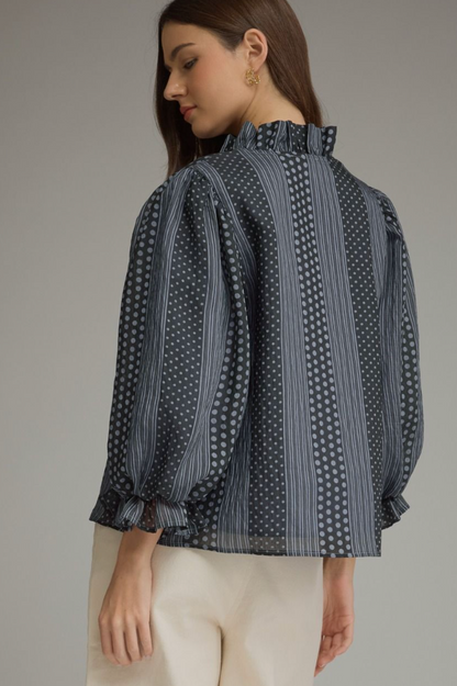 Entro Polka Dot Stripe Ruffle V-Neck Top