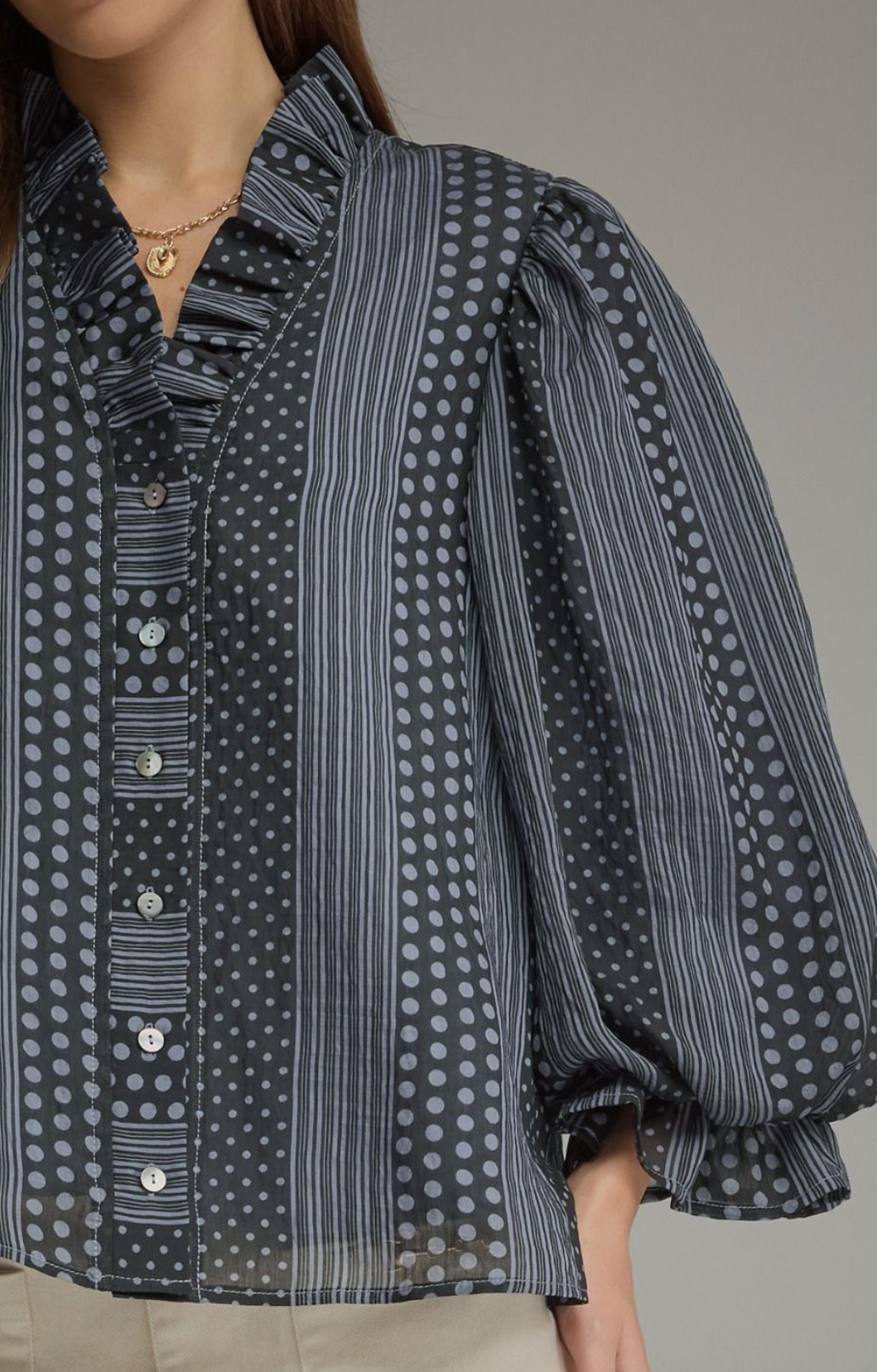 Entro Polka Dot Stripe Ruffle V-Neck Top