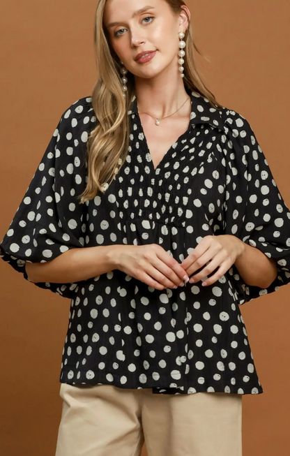 Umgee Polka Dot Smocked Yoke Blouse