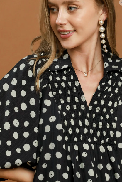 Umgee Polka Dot Smocked Yoke Blouse