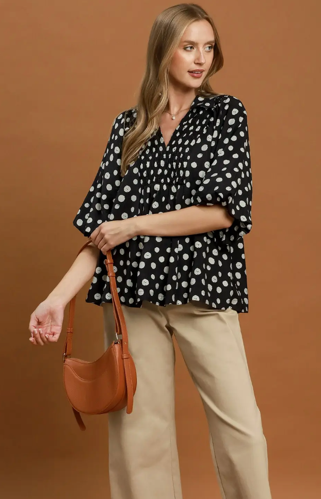 Umgee Polka Dot Smocked Yoke Blouse