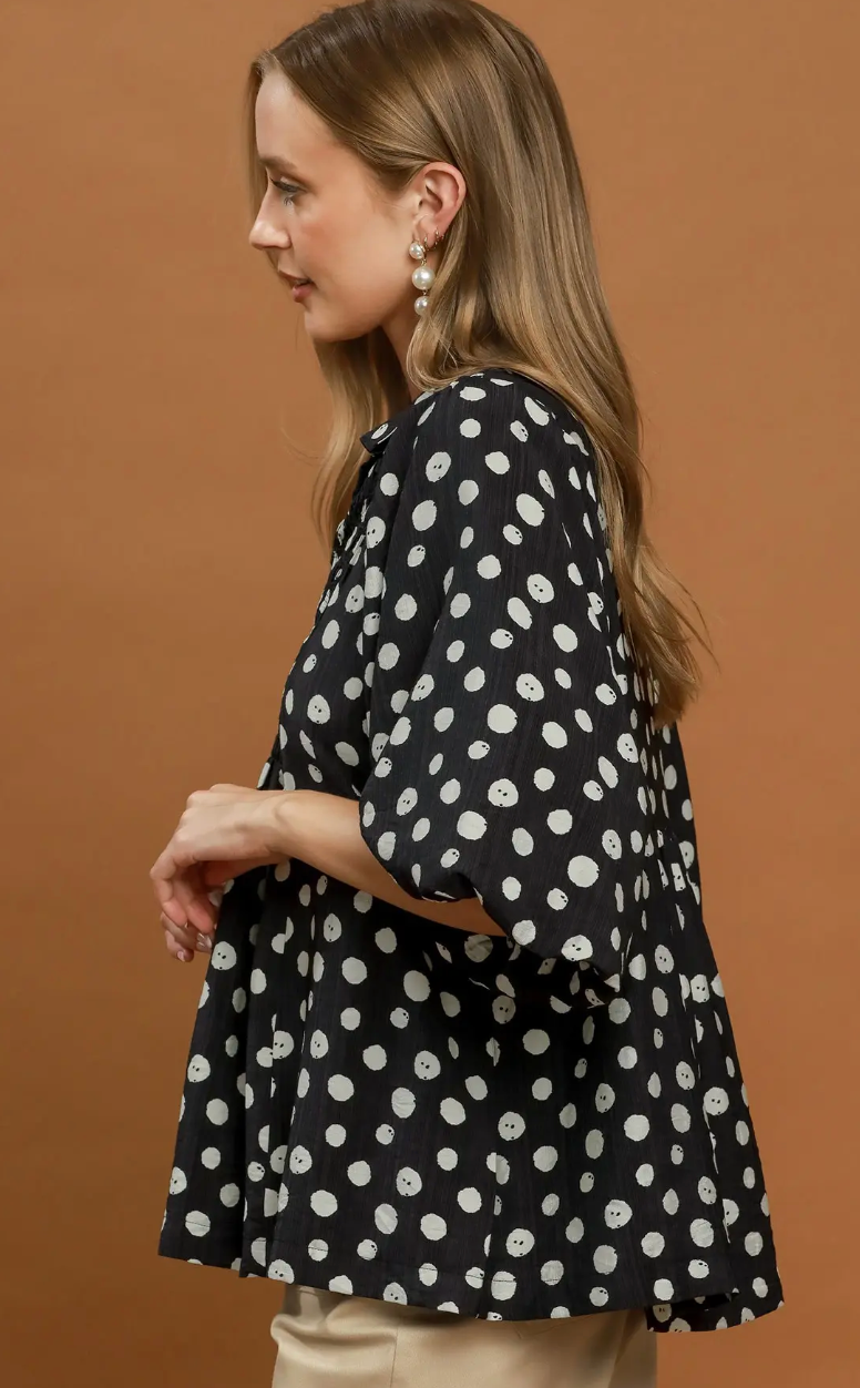Umgee Polka Dot Smocked Yoke Blouse
