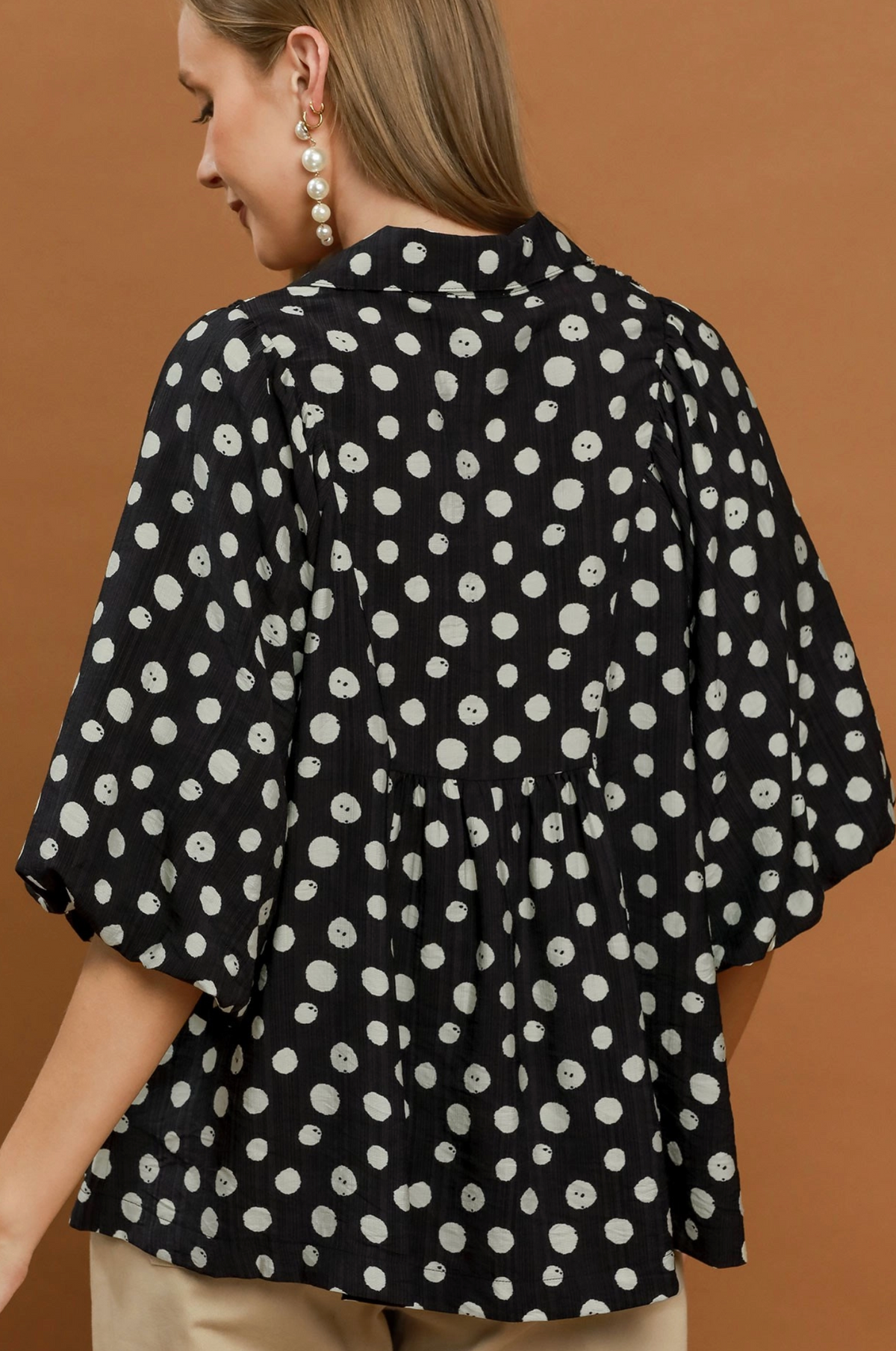 Umgee Polka Dot Smocked Yoke Blouse