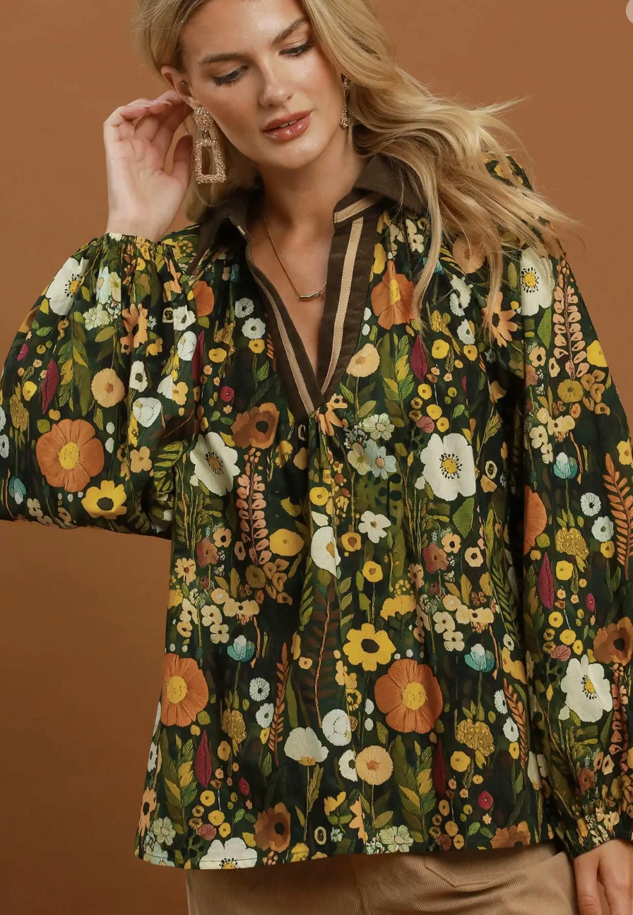 Umgee Olive Mix Floral Contrast Collar Blouse
