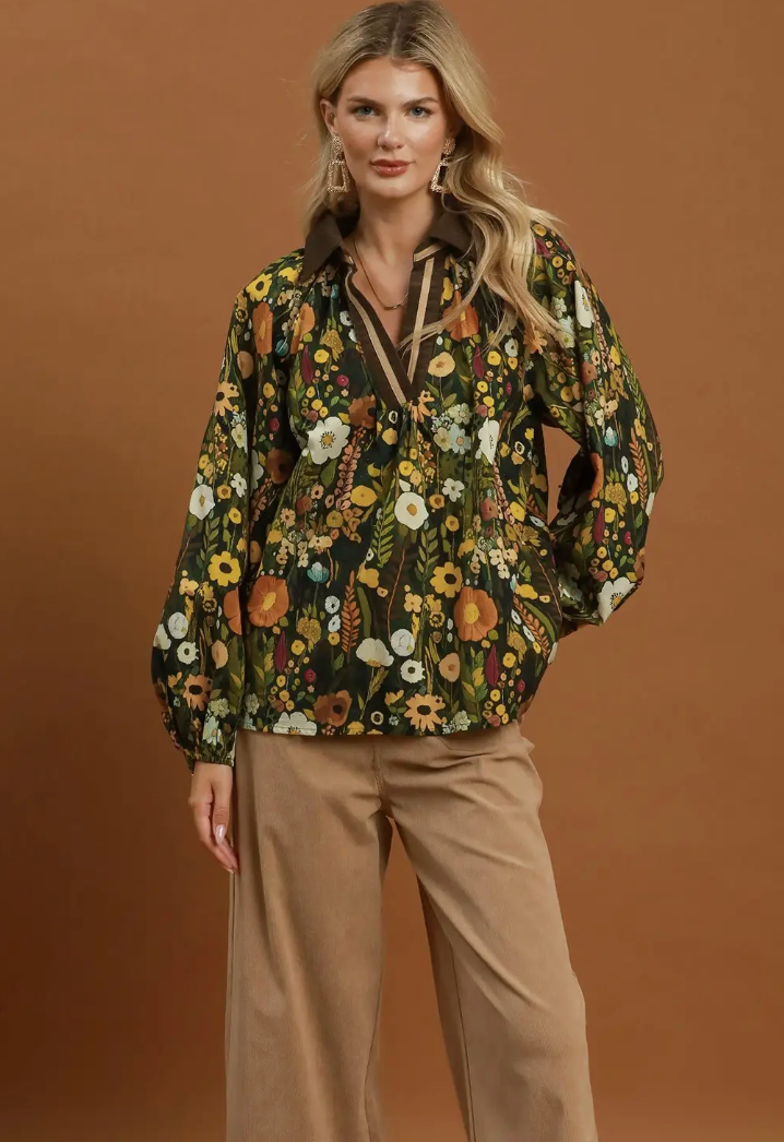 Umgee Olive Mix Floral Contrast Collar Blouse