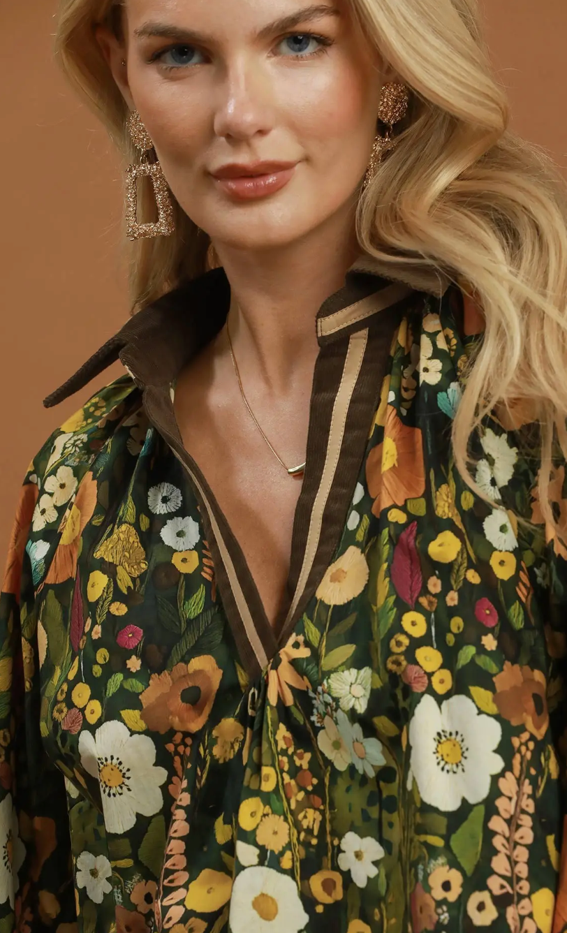 Umgee Olive Mix Floral Contrast Collar Blouse