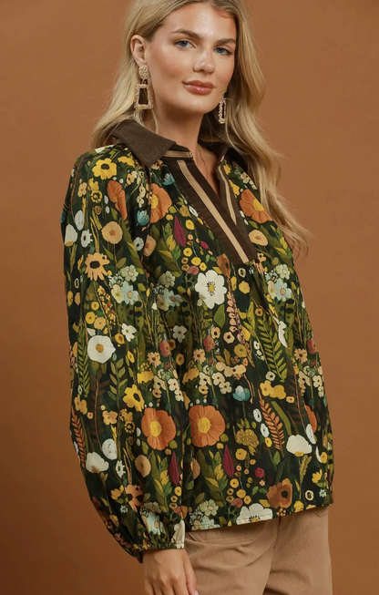 Umgee Olive Mix Floral Contrast Collar Blouse